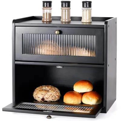 Immagine prodotto di Elzusha - Contenitore per il pane in legno a due scomparti, ideale per il piano di lavoro - Grande - Nero
