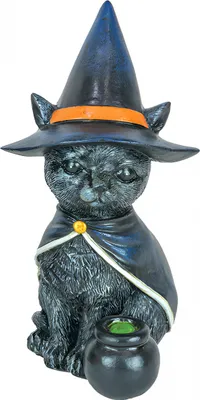 Produktbild von Katzenfigur mit Hexenhut & Hexenkessel als Halloween Deko 15cm