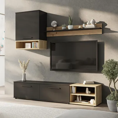 Produktbild von Ravio Wohnwand Vento 180 cm Modernes Wohnzimmer Set TV Schrank Regal Hängeschrank Schwarz Matt Eiche Artisan