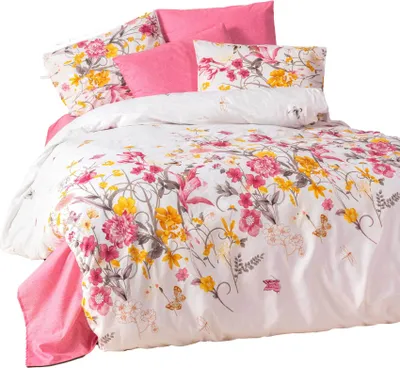 Produktbild von aboutyourhome-shop Bettwäsche Baumwolle Blumen Rosa-Weiß 2-teilig 135x200/80x80 cm - Pflegeleicht, Atmungsaktiv, Hautfreundlich, Allergiker geeignet, Reißverschluss