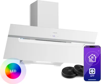 Image de Klarstein BigBite Hotte Aspirante 90 cm - Hotte Décorative Inclinée, 417 m³/h, A+++, LED, 3 Vitesses & Boost, Filtre Charbon, Tactile, Recyclage ou Évacuation, Blanc