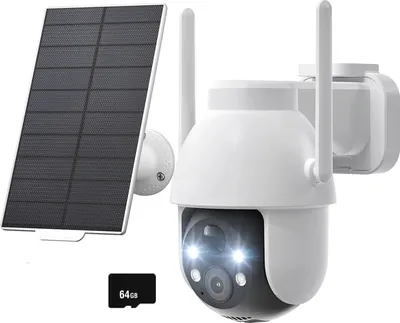 A solar-powered security camera with a 64GB SD card.