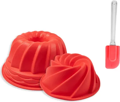 Produktbild von 2x Silikon Gugelhupf Rot + 1x Teigschaber Kuchenform Backform Tortenform Brotform Kuchen