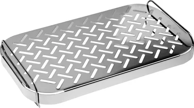 A stainless steel steamer basket with a perforated, woven pattern.