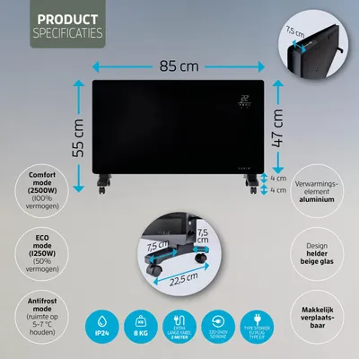 Productafbeelding van Elektrische Convectorkachel 2500 W - Zwart Glas - Aluminium Verwarmingselement - Voor Binnen