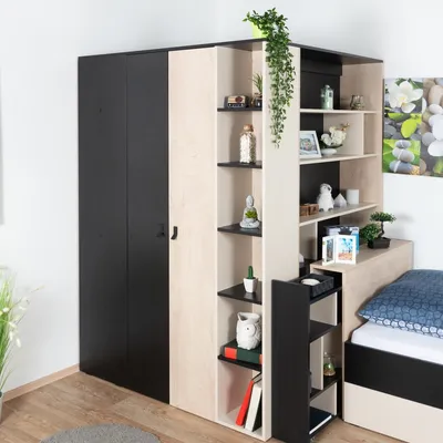 Produktbild von Jugendzimmer - Drehtürenschrank / Eckkleiderschrank Aalst 01, Farbe: Eiche / Creme / Schwarz - Abmessungen: 190 x 135 x 135 cm (H x B x T)
