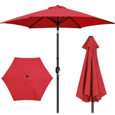 A red patio umbrella is shown in three different views: open, closed, and a top-down view of the canopy.