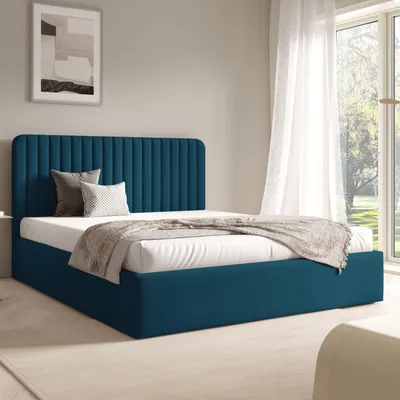 Image de FURNISTAR : Lit coffre BEA II, 140x200 | Lit double avec rangement et sommier à lattes | Style boxspring | Sans matelas | Chambre à coucher - Bleu foncé