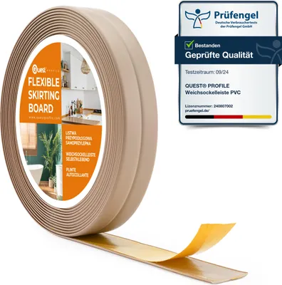 A roll of flexible skirting board with adhesive backing, shown partially unrolled, next to a certification badge.
