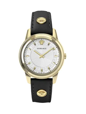 A product shot of a gold and black Versace watch.