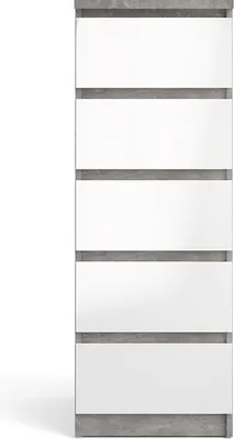 Zdjęcie produktu dla Nada komoda wysoka i wąska z 5 szufladami, dekor beton/biel wysoki połysk.