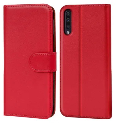 A red flip case for a smartphone is shown, with the phone inserted into the case on the right side of the image. The case is open, revealing the phone's camera array.