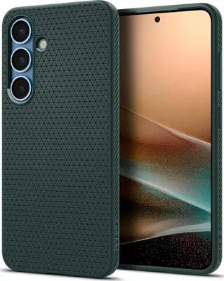 A dark green phone case is shown next to a smartphone.