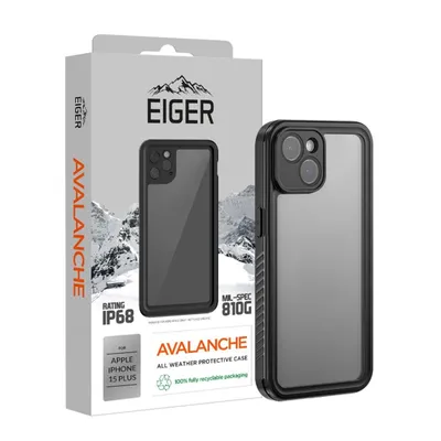 A product box for an Eiger Avalanche case for an Apple iPhone 15 Plus, with a clear view of the case on the right and a graphic representation on the box.