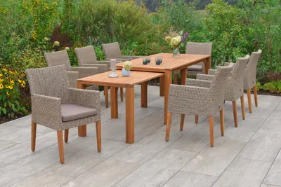 Produktbild von Merxx Gartenmöbelset "Ranzano" 9tlg. - Aluminiumgestell mit Kunststoffgeflecht schilf/natur und Akazie, inkl. Kissen - 50605-211