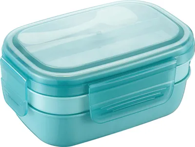 Produktbild von Kinder BentoBox, Mikrowellengeeignet, 3-stufig, PP Material, Silikondichtung, Besteck inklusive, Lunchbox Schule & Büro, auslaufsicher & robust