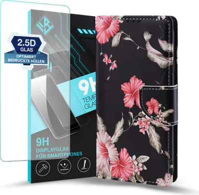 Produktbild von Handy Hülle für Samsung Galaxy A36 5G mit 9H Displayglas Klapphülle Bookcase Flip Cover Handy Tasche Etui Motiv: Blumen Hibiskus Blüten
