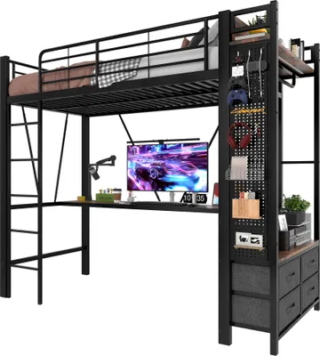 A loft bed with a desk and storage underneath, set against a white background.