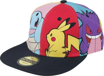 A close-up studio shot of a Pokémon-themed snapback cap.