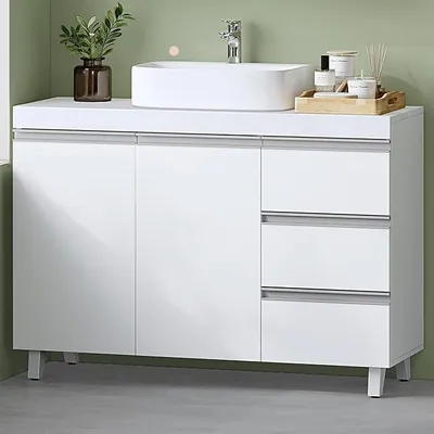 Produktbild von Waschbeckenunterschrank, Badezimmerschrank mit 3 Schubladen, Badezimmer Unterschrank, 2 Türen, 2 Fächer hinter Tür, freistehender Waschtischunterschrank, 30 x 90 x 64 cm, Weiß BC29903X