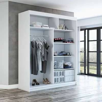 A white wardrobe with clothes hanging inside and shelves with folded clothes and storage boxes.