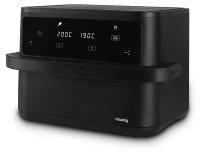 Heißluftfritteuse 10 l, 2 Fächer, 8 Modi, 80–200 °C, Timer, Touchscreen