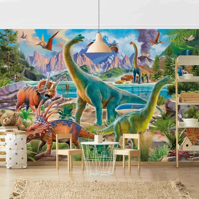 Produktbild von Fototapete Tiere - Vliestapete - Bildtapete UV-beständig Dinosaurier bunt Illustration Wandtapete geruchsfrei