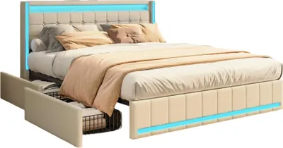 Image de Lit double Moonbite 140x200 cm, en lin beige, avec éclairage LED et 4 tiroirs métalliques, ports USB et USB-C intégrés dans la tête de lit, et espace de rangement latéral