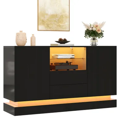 Productafbeelding van Moonbite dressoir met 2 deuren, 2 lades en een open vak met glazen bodem, zwart hoogglanzend, 140 cm, salontafel, gemaakt van spaanplaat, zwart