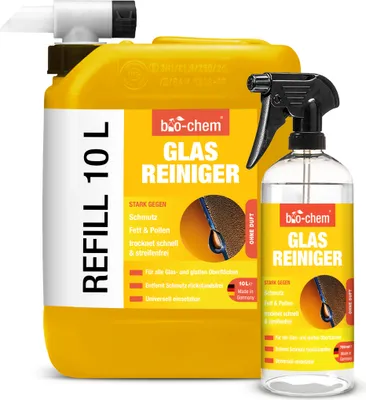 Produktbild von bio-chem Glasreiniger Hochglanzreiniger für streifenfreien Glanz | 10,75 Liter Sparpack: Kanister + Sprayflasche + Ablasshahn | Ideal für Glasflächen, Spiegel, Fenster, Autoscheiben, Küchenfronten