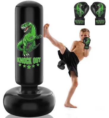 Imagen del producto de Omgoods - Set de saco de boxeo independiente para niños, 160 cm - Incluye guantes de boxeo y diseño de dinosaurio