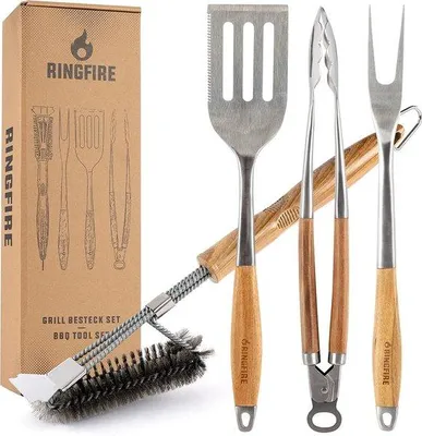 Immagine prodotto di Set di utensili per barbecue Unyqoos® da 4 pezzi – Set professionale per barbecue in acciaio inossidabile e legno di acacia, con impugnature ergonomiche: pinza per barbecue, spatola, forchetta per carne e spazzola per barbecue