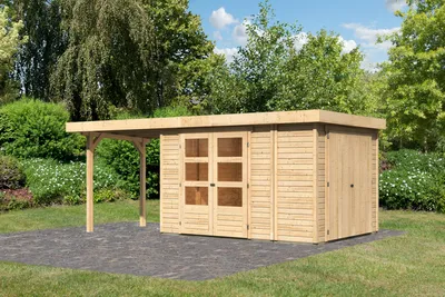 Produktbild von Gartenhaus Retola 4 : 2,40m breit :  Naturbelassen Anbaudach: 2,40m breit Farbe:  Naturbelassen