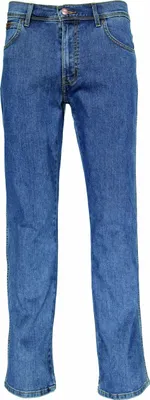 A pair of blue denim jeans is shown against a white background.