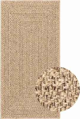 A braided rug with a close-up detail of its texture.