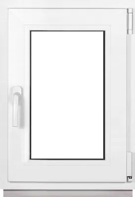 A white window frame with a clear glass pane, set against a white background. The window has a handle on the left side and hinges on the right.