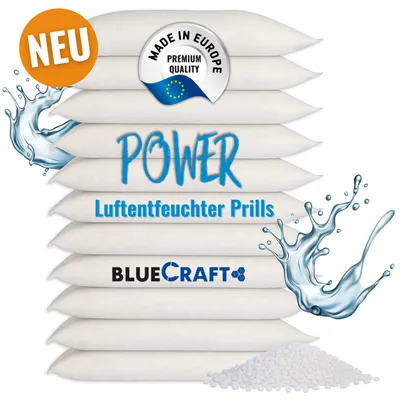 A stack of white desiccant bags with text and graphics indicating product features and branding.