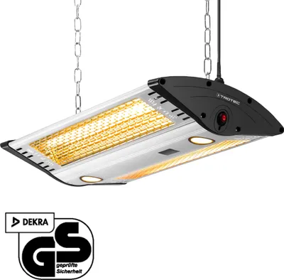 A ceiling-mounted infrared heater with two light bulbs, suspended by chains against a white background.