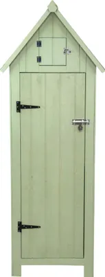 Produktbild von Gartenschrank aus Holz [Grün], Wasserfest, Abschließbare Türen, 3 Regale 4 Haken, Dachluke, Bodenbefestigungskit, Schraubenabdeckungen, Asphaltdach [INKL. Vorhängeschloss & 4 Schlüssel]