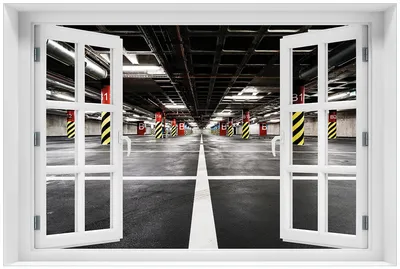 Produktbild von Wallario Premium Glasbild mit Fensterrahmen, freischwebende Optik, kräftige Farben, Größe 60 x 90 cm Motiv Perspektive von unten leeres Parkhaus im Untergrund