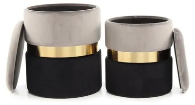 Productafbeelding van Set van 2 Zora opbergpoefs van grijs fluweel en goud