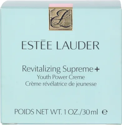 The image shows the front of a light blue box for Estee Lauder Revitalizing Supreme+ Youth Power Cream.