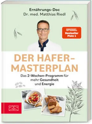 Cover of a book titled 'Der Hafer-Masterplan' featuring a portrait of the author, Dr. med. Matthias Riedl, and images of food.