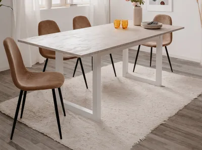 Produktbild von Furn.Design Esstisch Visby, Modern, weiß Sandstein Nachbildung aus Melamin und MDF, für 4-8 Personen, ausziehbar 160-200 x 90 x 75 cm (LxBxH), mit kugelgelagerter Ausziehmechanik und verstaubarer Einlegeplatte