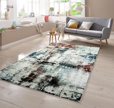 Produktbild von Designer Teppich Kurzflor Meliert Splash Türkis Creme Braun Multi Größe - 120 x 170 cm