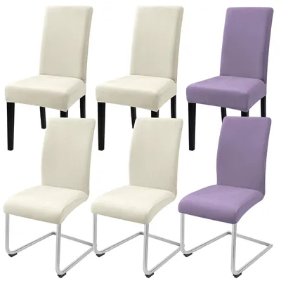 6er Set Samt-Stuhlhussen, elastisch, 4 beige + 2 lila
