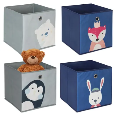 Produktbild von Relaxdays 4er Set, Kinder Aufbewahrungsboxen, süße Tier-Motive, Faltbox für Würfelregale, HBT: 30x30x30 cm, Textil, bunt