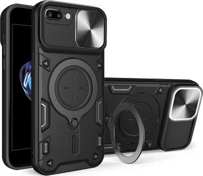 Produktbild von Handyhülle für iPhone 8 Plus / 7 Plus Dual-Layer Stoßfest Rüstung Hülle mit Dia Kameraschutz und Kreisförmig Ring Ständer Schwarz