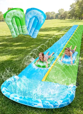 Productafbeelding van Extra lange waterglijbaan met 2 opblaasbare plateaus, geschikt voor kinderen en volwassenen
