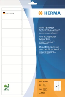 Produktbild von Adressetiketten für Schreibmaschinen A4 67x30 mm Papier matt Ecken rund 540 St.